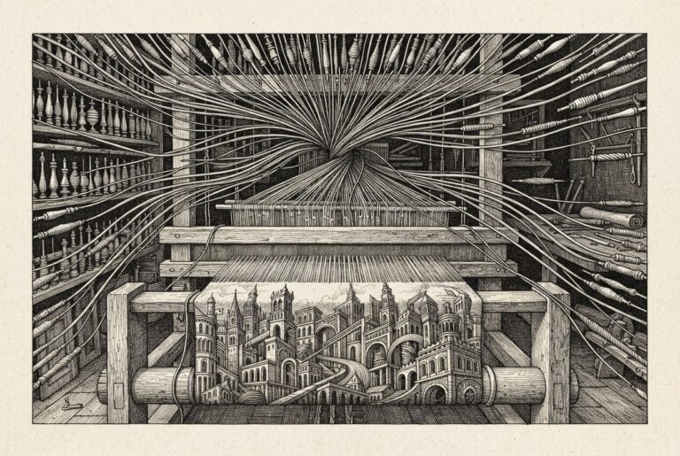 Multiple threads converging from many spindles into a single unified tapestry on a weaver's loom - representing the infrastructure convergence of agent workspaces