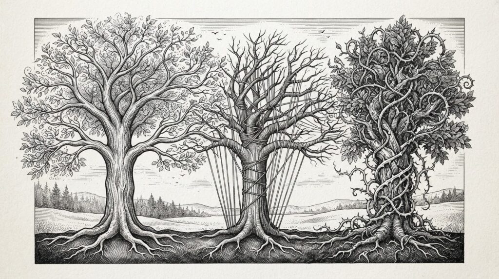Three organic tree forms in pen-and-ink engraving - one with wide welcoming branches, one with branches held back by threads, one wrapped in thorny vines - allegorical metaphor for three retailer postures toward AI agent commerce