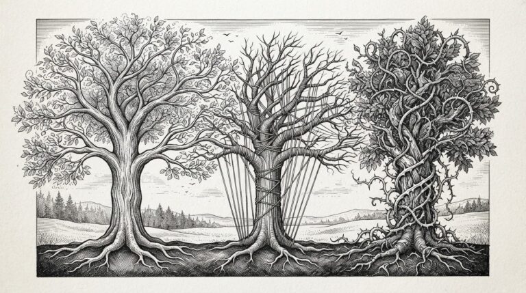Three organic tree forms in pen-and-ink engraving - one with wide welcoming branches, one with branches held back by threads, one wrapped in thorny vines - allegorical metaphor for three retailer postures toward AI agent commerce