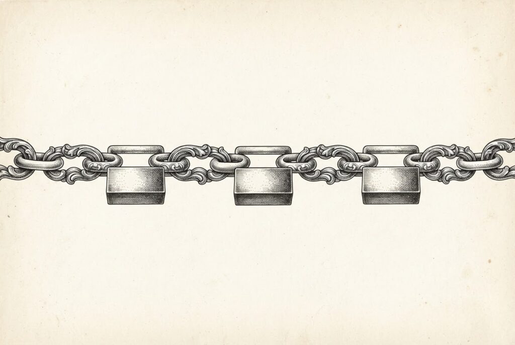 Monochrome pen-and-ink engraving of a heavy, ornate chain with every second link as a locked metal box, symbolizing the bundling of power and the weight of hardware debt.