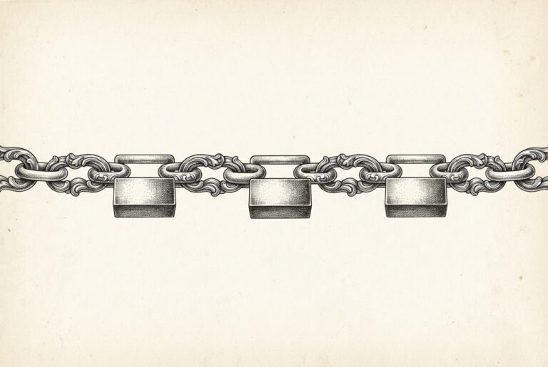 Monochrome pen-and-ink engraving of a heavy, ornate chain with every second link as a locked metal box, symbolizing the bundling of power and the weight of hardware debt.