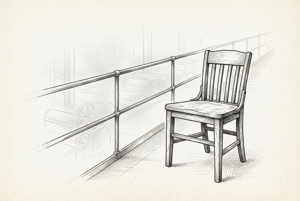 Conceptual pen-and-ink engraving on warm paper. An unoccupied overseer's chair stands alone in the foreground of an empty elevated catwalk, while the industrial floor below runs unmanned as a faint background suggestion, with no people anywhere.