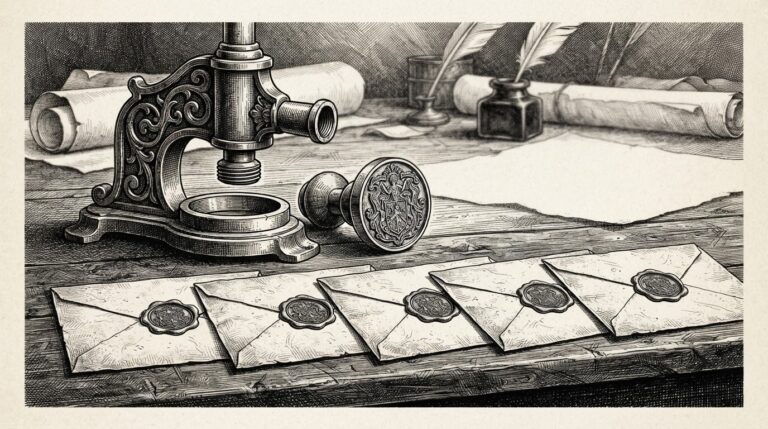 An engraved antique wax seal press with its stamp removed, surrounded by sealed envelopes bearing identical forged wax impressions — representing how stolen Zimbra authentication keys enable platform-wide identity forgery