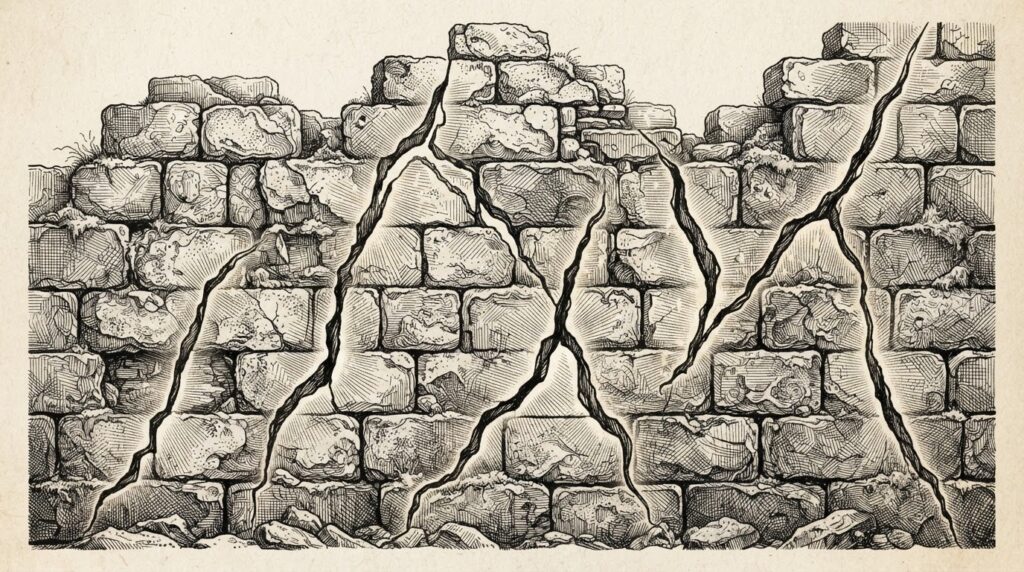 A crumbling stone wall with multiple fractures and breaches, rendered in black ink engraving style on warm off-white paper - the identity provider with structural failures