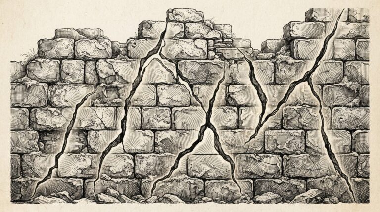 A crumbling stone wall with multiple fractures and breaches, rendered in black ink engraving style on warm off-white paper - the identity provider with structural failures