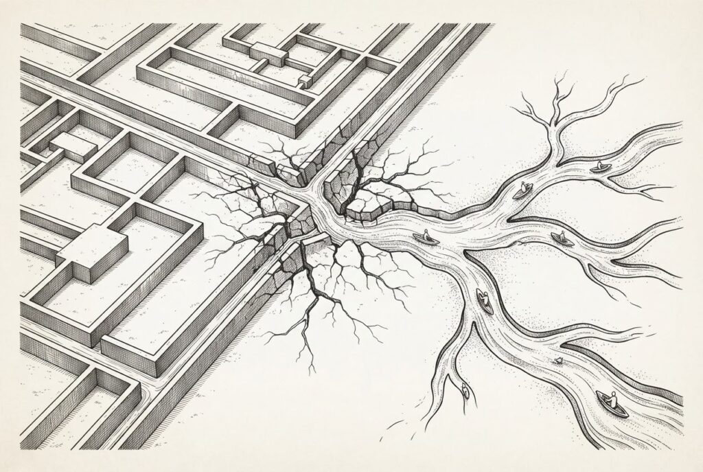 Pen-and-ink engraving of a terrain where rigid geometric irrigation channels crack and break apart, transitioning to an organic river with faceless figures riding the current - the shift from flowchart automation to self-directing agents