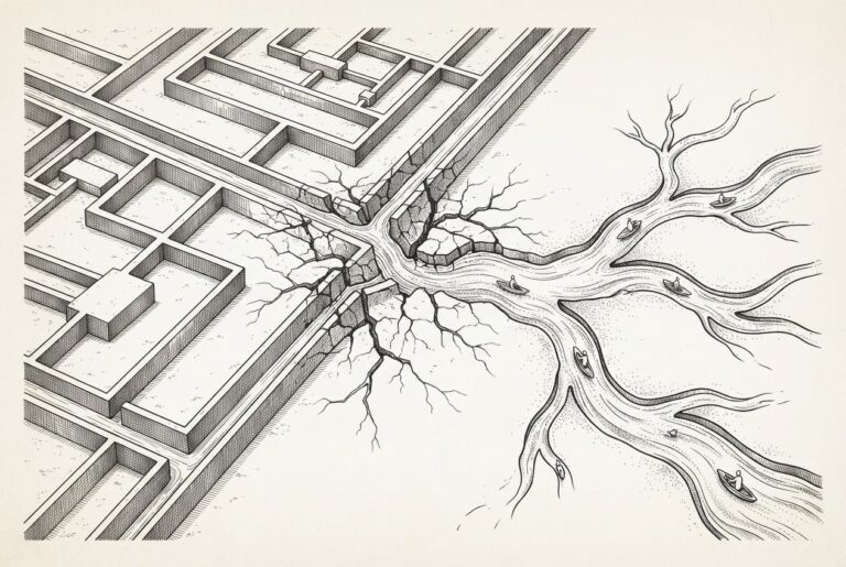 Pen-and-ink engraving of a terrain where rigid geometric irrigation channels crack and break apart, transitioning to an organic river with faceless figures riding the current - the shift from flowchart automation to self-directing agents
