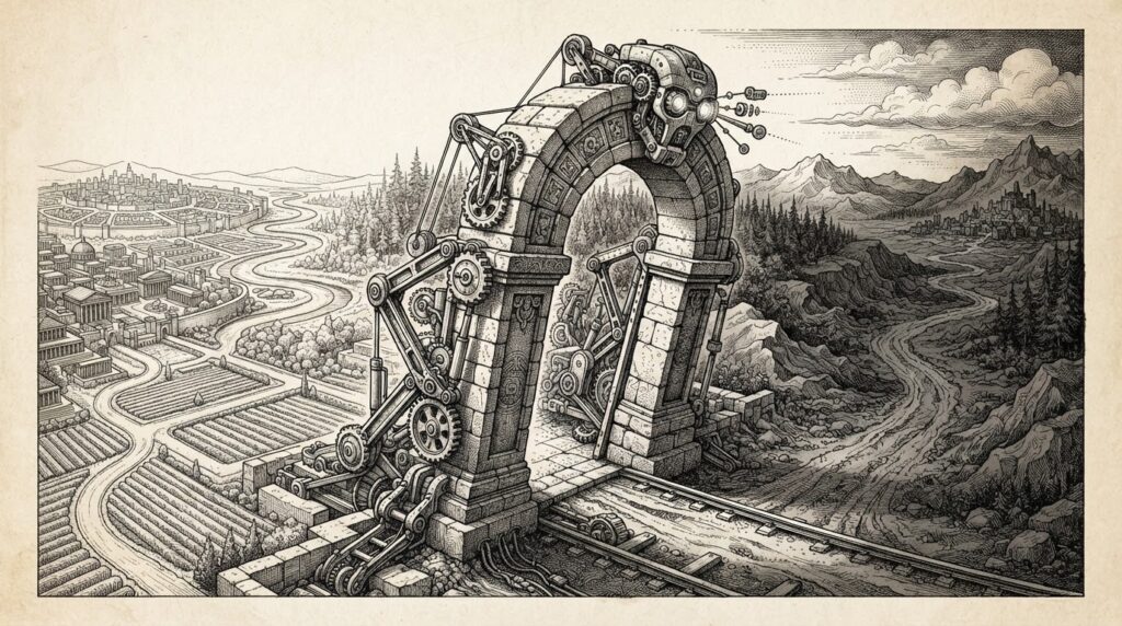 An armored stone gateway with mechanical hinges and joints, leaning forward as if watching and deciding, set against a divided landscape - one side orderly and mapped, the other dark and uncharted. Monochrome pen-and-ink engraving.